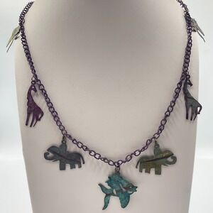 Vintage Verdigris Patina Animal Charm Necklace Purple Chain Giraffe Elephant